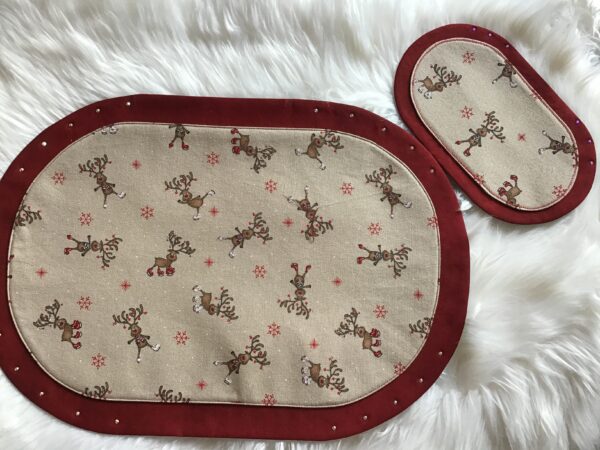 Set Untersetzer, tanzende Elche, weinroter Rand, Strass Steine – Bild 8